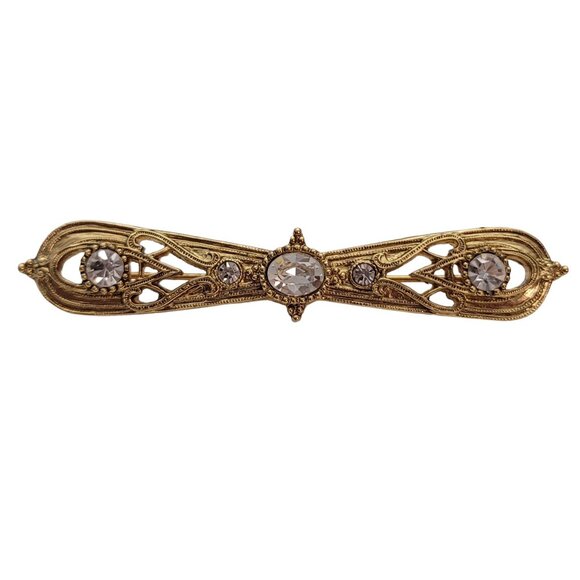 1928 Brand Gold Tone Clear Rhinestone Bar Brooch Pin E883 - Picture 8 of 8